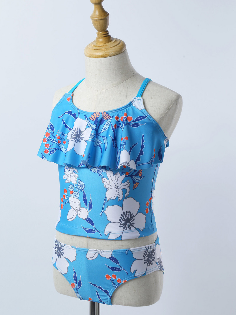 Laste tüdrukute ujumisriided, volangkaelus, lillemustriline Tankini ujumistrikoo Ujumisriided ujumisriided, põhjaga ujumisriided rannas ujumiskostüüm
