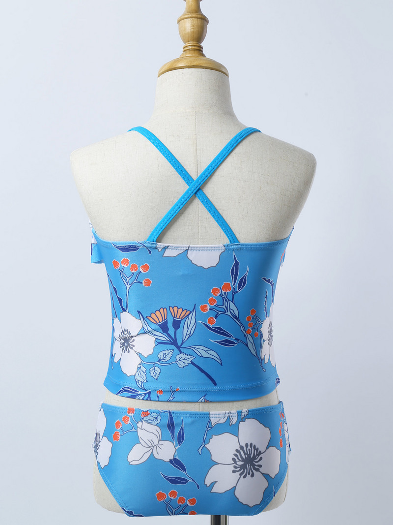 Laste tüdrukute ujumisriided, volangkaelus, lillemustriline Tankini ujumistrikoo Ujumisriided ujumisriided, põhjaga ujumisriided rannas ujumiskostüüm