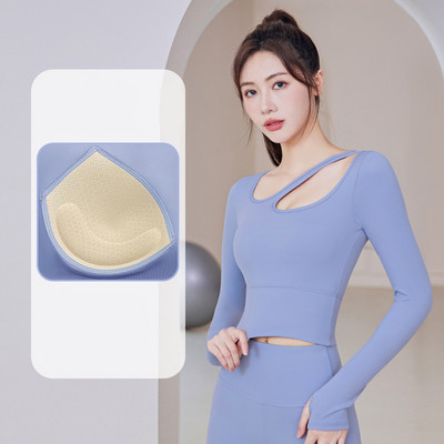 Jogas apģērbs Top apģērbs ar krūšu spilventiņu fitnesa skriešana sporta treniņš šaurs garām piedurknēm T-krekls fitnesa apģērbs camiseta sporta zāle