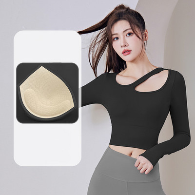 Jogas apģērbs Top apģērbs ar krūšu spilventiņu fitnesa skriešana sporta treniņš šaurs garām piedurknēm T-krekls fitnesa apģērbs camiseta sporta zāle