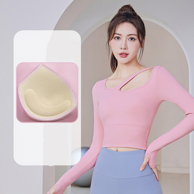 Jogas apģērbs Top apģērbs ar krūšu spilventiņu fitnesa skriešana sporta treniņš šaurs garām piedurknēm T-krekls fitnesa apģērbs camiseta sporta zāle