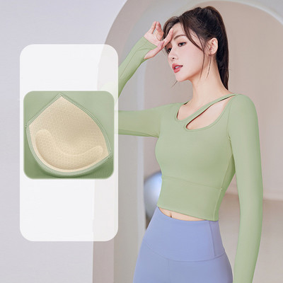 Jogas apģērbs Top apģērbs ar krūšu spilventiņu fitnesa skriešana sporta treniņš šaurs garām piedurknēm T-krekls fitnesa apģērbs camiseta sporta zāle