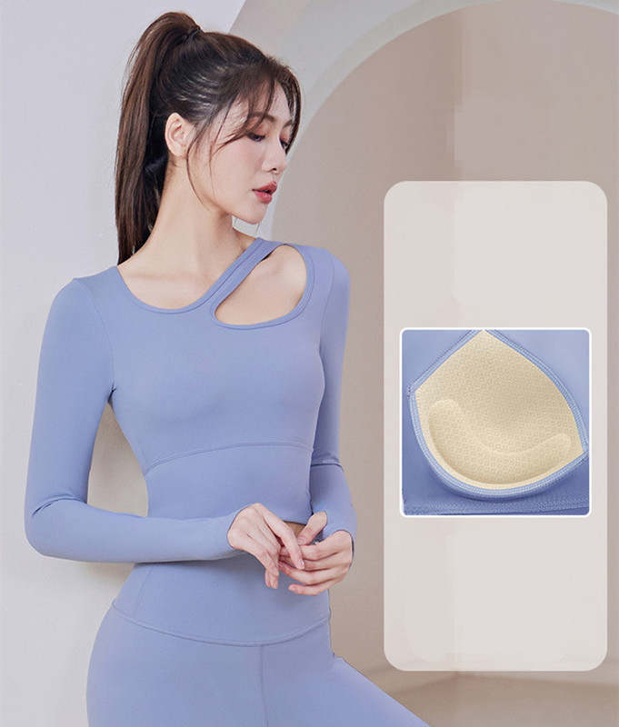 Jogas apģērbs Top apģērbs ar krūšu spilventiņu fitnesa skriešana sporta treniņš šaurs garām piedurknēm T-krekls fitnesa apģērbs camiseta sporta zāle