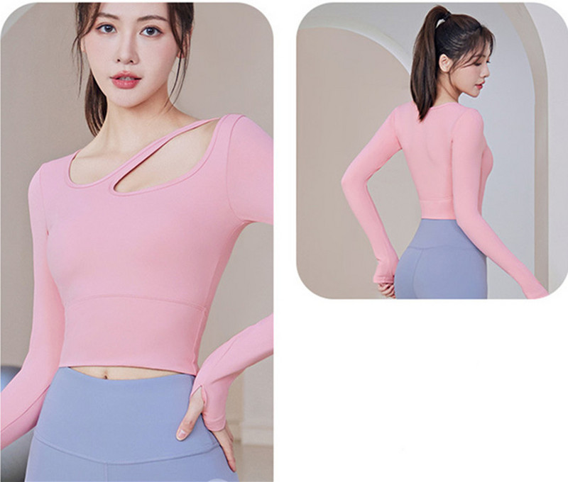 Jogas apģērbs Top apģērbs ar krūšu spilventiņu fitnesa skriešana sporta treniņš šaurs garām piedurknēm T-krekls fitnesa apģērbs camiseta sporta zāle