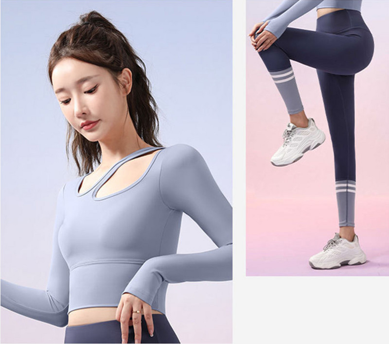 Jogas apģērbs Top apģērbs ar krūšu spilventiņu fitnesa skriešana sporta treniņš šaurs garām piedurknēm T-krekls fitnesa apģērbs camiseta sporta zāle