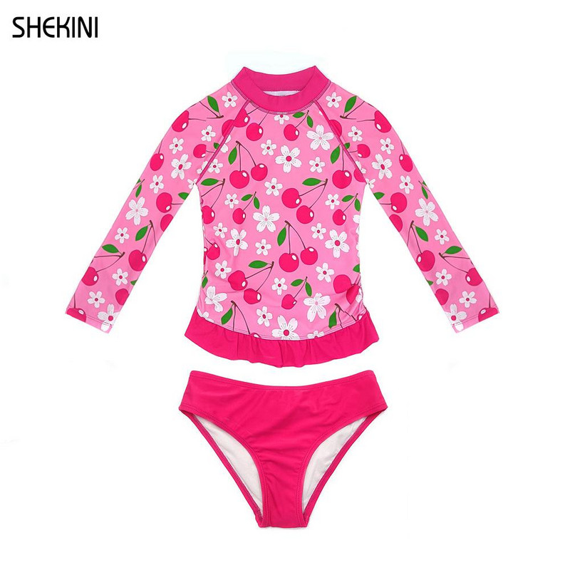 SHEKINI lány fodros szegélyű ruched felső UPF50+ hosszú ujjú tini fürdőruha bőrkiütésvédő kétrészes fürdőruhák tizenéves lányoknak bikini