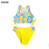 SHEKINI Girls Racerback Print Peldkostīmi Ruched Tie Side Pusaudžu meiteņu bikini komplekts Peldkostīms Divdaļīgs Peldkostīmi Pusaudžu pludmales apģērbs