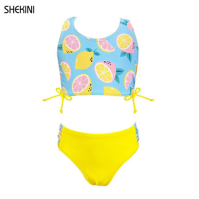 SHEKINI Girls Racerback Print Peldkostīmi Ruched Tie Side Pusaudžu meiteņu bikini komplekts Peldkostīms Divdaļīgs Peldkostīmi Pusaudžu pludmales apģērbs