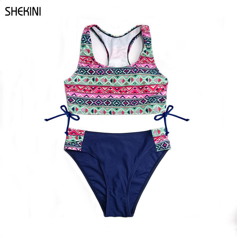 SHEKINI Girls Racerback Print Peldkostīmi Ruched Tie Side Pusaudžu meiteņu bikini komplekts Peldkostīms Divdaļīgs Peldkostīmi Pusaudžu pludmales apģērbs