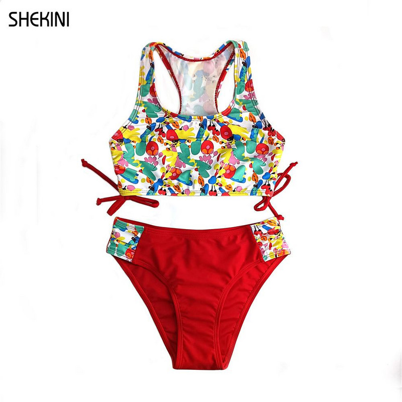 SHEKINI Girls Racerback Print Peldkostīmi Ruched Tie Side Pusaudžu meiteņu bikini komplekts Peldkostīms Divdaļīgs Peldkostīmi Pusaudžu pludmales apģērbs