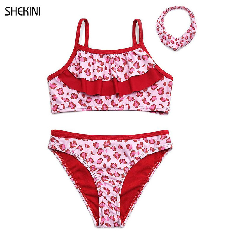 SHEKINI mergaičių dviejų dalių maudymosi kostiumėliai paaugliams mieli raukiniai maudymosi kostiumėliai paauglėms merginoms bikinio rinkinys leopardo raštais spausdinami paplūdimio maudymosi kostiumėliai mergaitei
