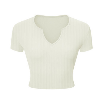 Mermaid Curve Ribbed Cropped Savvy Short Sleeve Yoga Shirt Deep V-deck Sports Дамски спортове на открито Фитнес тениска Gym Crop Top