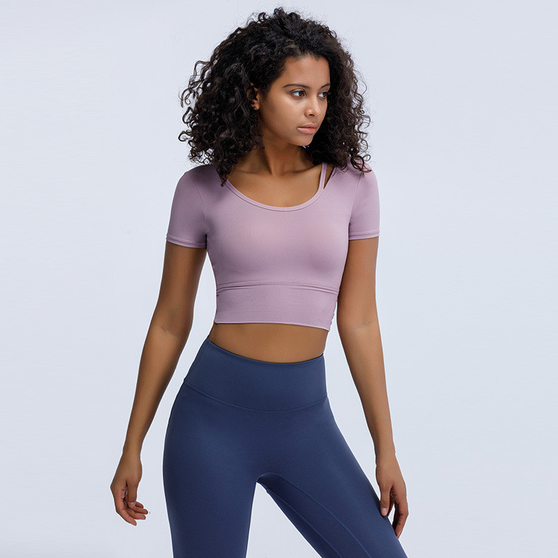 Fitnesa apģērbi Sieviešu ar īsām piedurknēm Skaistums Atpakaļ Sports Top Crop Are Thin Running T-krekls cieši pieguļošs Tīklsarkans Jogas apģērbs