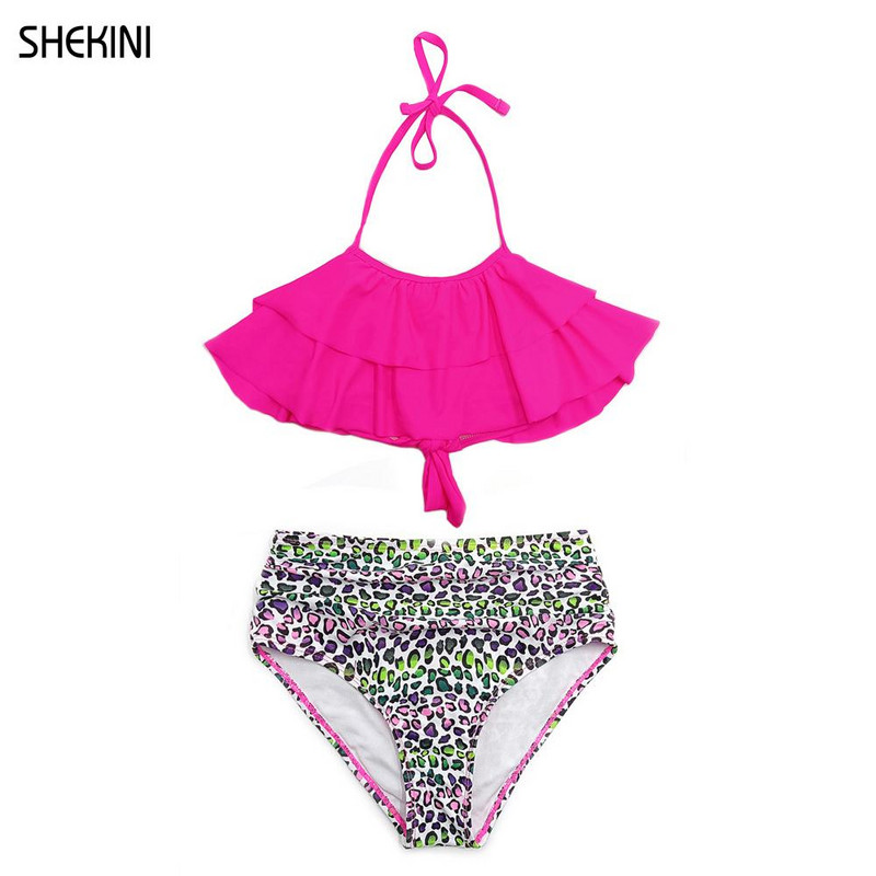 SHEKINI lányok magas derekú fürdőruhák, fodros, fodros kötőfék, tizenéves lányok bikini, kétrészes fürdőruhák tini strandruházat