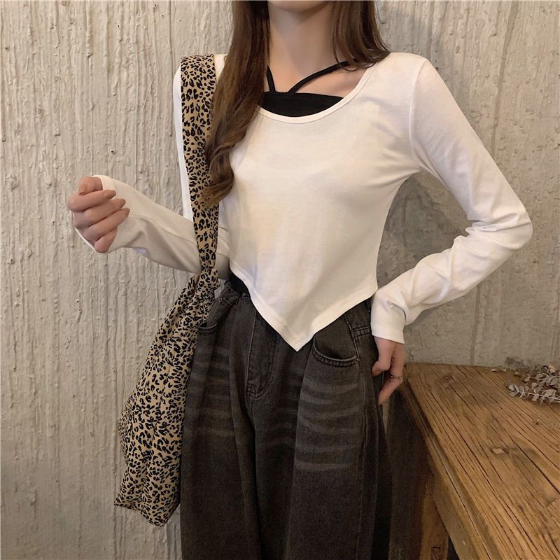 Īss sporta tops False Two Women 2021. gada rudens jauns neregulāras jogas T-krekls Vispārpiemērots Sexy Slim Pop T-krekls ar garām piedurknēm