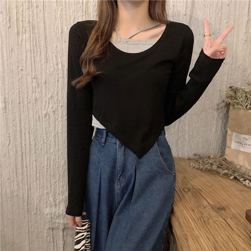 Īss sporta tops False Two Women 2021. gada rudens jauns neregulāras jogas T-krekls Vispārpiemērots Sexy Slim Pop T-krekls ar garām piedurknēm