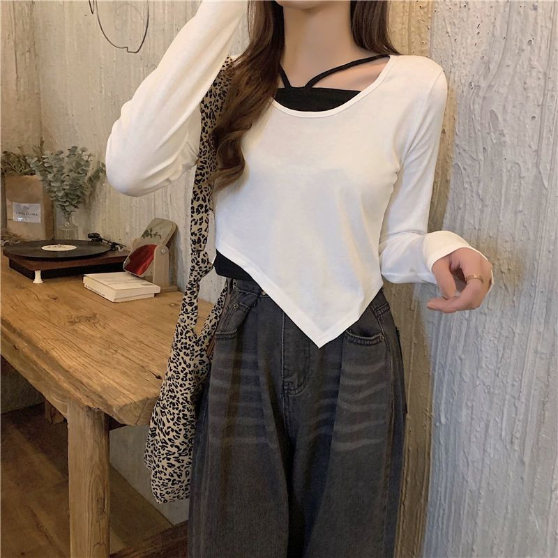 Īss sporta tops False Two Women 2021. gada rudens jauns neregulāras jogas T-krekls Vispārpiemērots Sexy Slim Pop T-krekls ar garām piedurknēm