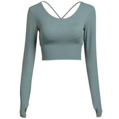 Női hosszú ujjú Fitness ing belső melltartóval, magas elasztikus húzózsinórral Szépség Hát edzés Futóedzés kültéri Crop Top