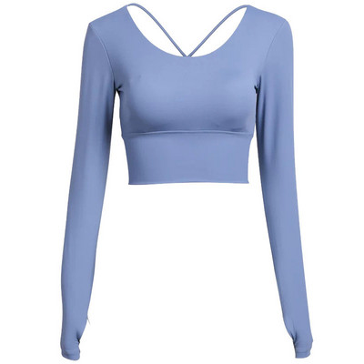 Női hosszú ujjú Fitness ing belső melltartóval, magas elasztikus húzózsinórral Szépség Hát edzés Futóedzés kültéri Crop Top