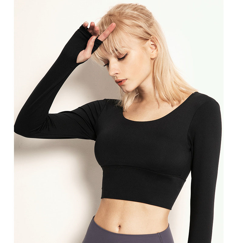 Női hosszú ujjú Fitness ing belső melltartóval, magas elasztikus húzózsinórral Szépség Hát edzés Futóedzés kültéri Crop Top