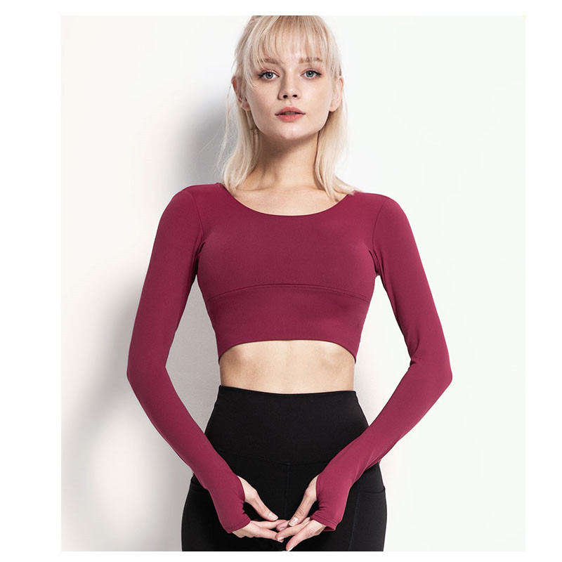 Női hosszú ujjú Fitness ing belső melltartóval, magas elasztikus húzózsinórral Szépség Hát edzés Futóedzés kültéri Crop Top