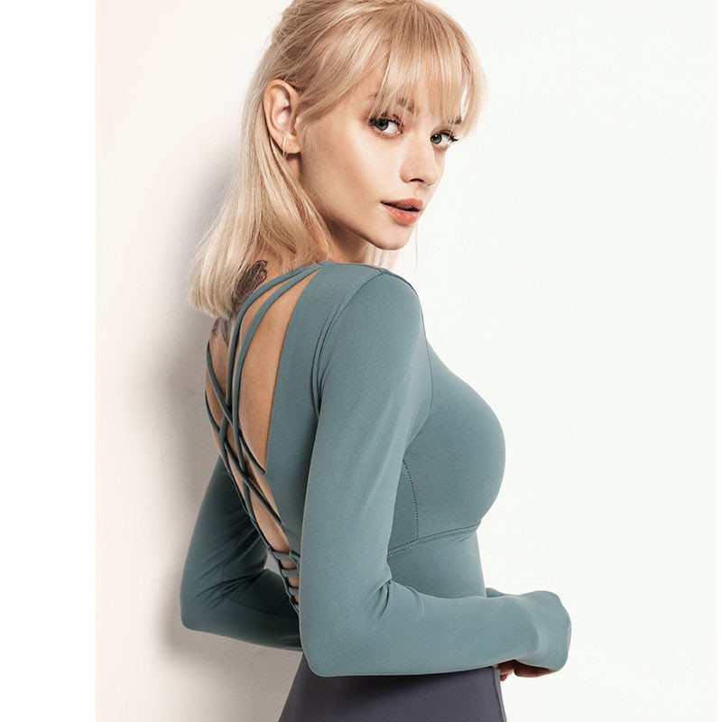 Női hosszú ujjú Fitness ing belső melltartóval, magas elasztikus húzózsinórral Szépség Hát edzés Futóedzés kültéri Crop Top