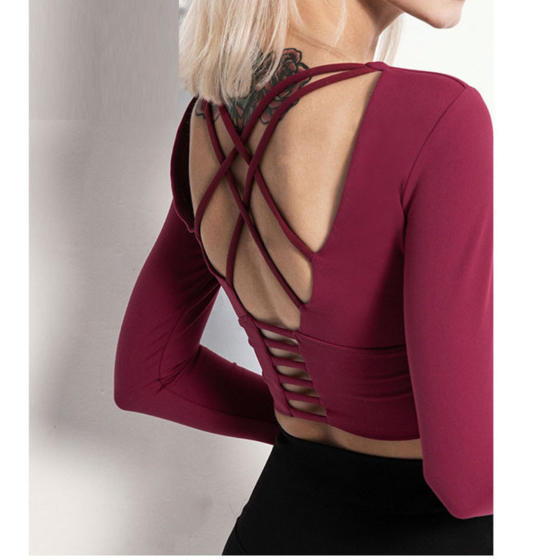 Női hosszú ujjú Fitness ing belső melltartóval, magas elasztikus húzózsinórral Szépség Hát edzés Futóedzés kültéri Crop Top
