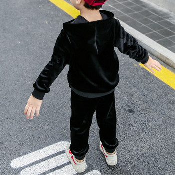 Деца Момчета Ежедневно спортно облекло Топъл кадифен термичен анцуг Анцузи Пуловер Суичър с качулка и спортни панталони Комплект от две части