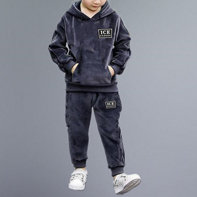 Bērnu, zēnu ikdienas sporta apģērbs, silts samta termiskais sporta tērps treniņtērps Pulovers džemperis ar kapuci ar sporta biksēm divdaļīgs komplekts