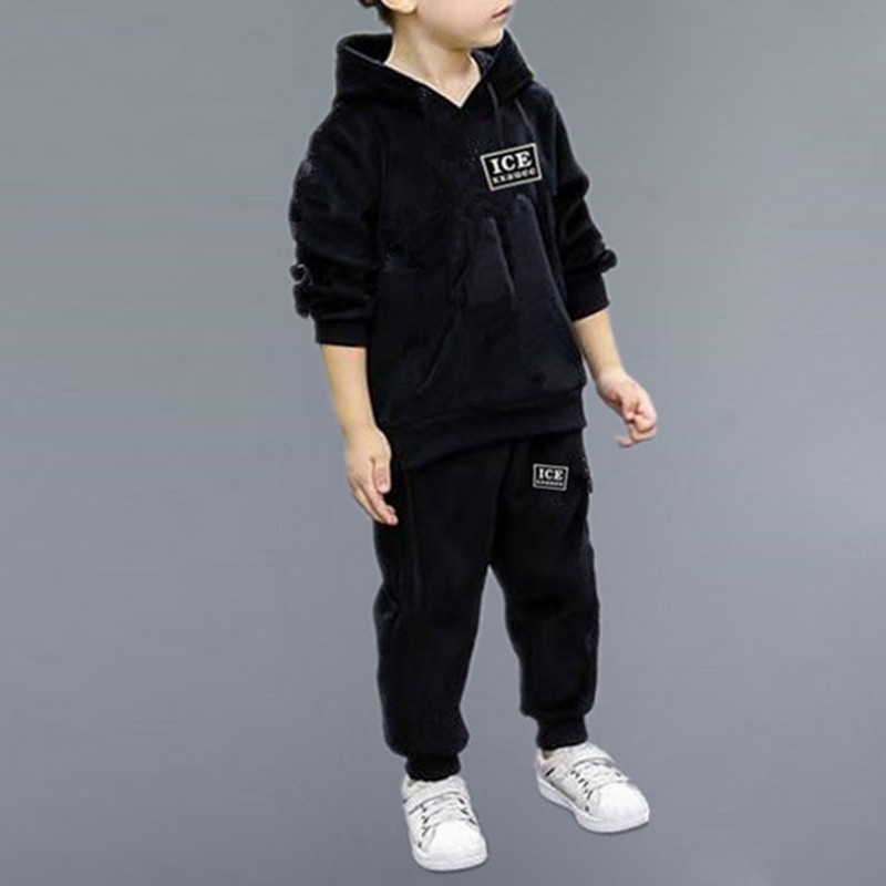 Bērnu, zēnu ikdienas sporta apģērbs, silts samta termiskais sporta tērps treniņtērps Pulovers džemperis ar kapuci ar sporta biksēm divdaļīgs komplekts