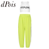 2 gab. Modes, bērnu sporta apģērbi, treniņtērpi, meitenes, sporta apģērbi, džeza deju tērpi, burti, apdrukāti apgriezti augšdaļa un bikses, sporta tērpu komplekts