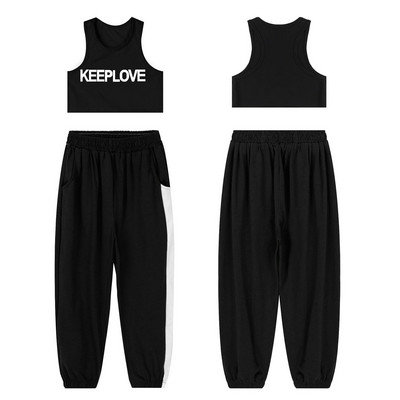 2 gab. Modes, bērnu sporta apģērbi, treniņtērpi, meitenes, sporta apģērbi, džeza deju tērpi, burti, apdrukāti apgriezti augšdaļa un bikses, sporta tērpu komplekts