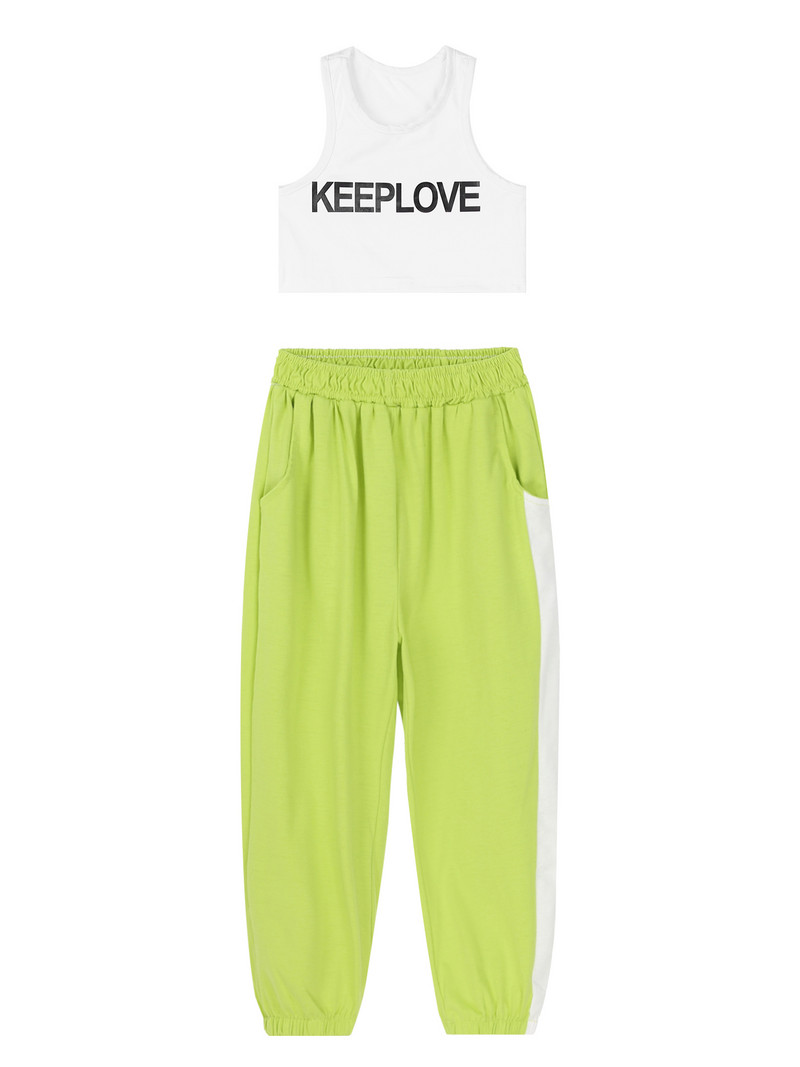 2 gab. Modes, bērnu sporta apģērbi, treniņtērpi, meitenes, sporta apģērbi, džeza deju tērpi, burti, apdrukāti apgriezti augšdaļa un bikses, sporta tērpu komplekts