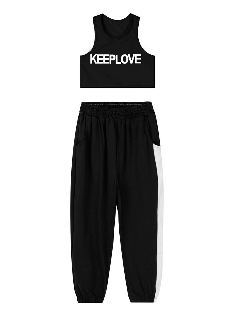 2 gab. Modes, bērnu sporta apģērbi, treniņtērpi, meitenes, sporta apģērbi, džeza deju tērpi, burti, apdrukāti apgriezti augšdaļa un bikses, sporta tērpu komplekts