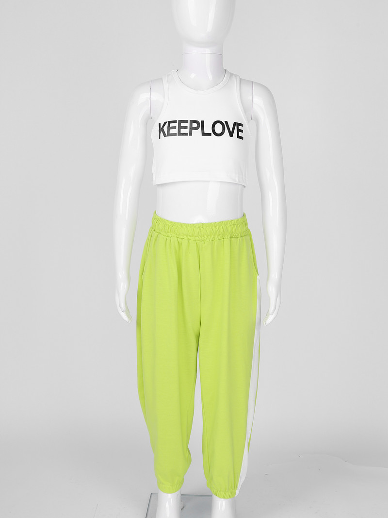 2 gab. Modes, bērnu sporta apģērbi, treniņtērpi, meitenes, sporta apģērbi, džeza deju tērpi, burti, apdrukāti apgriezti augšdaļa un bikses, sporta tērpu komplekts