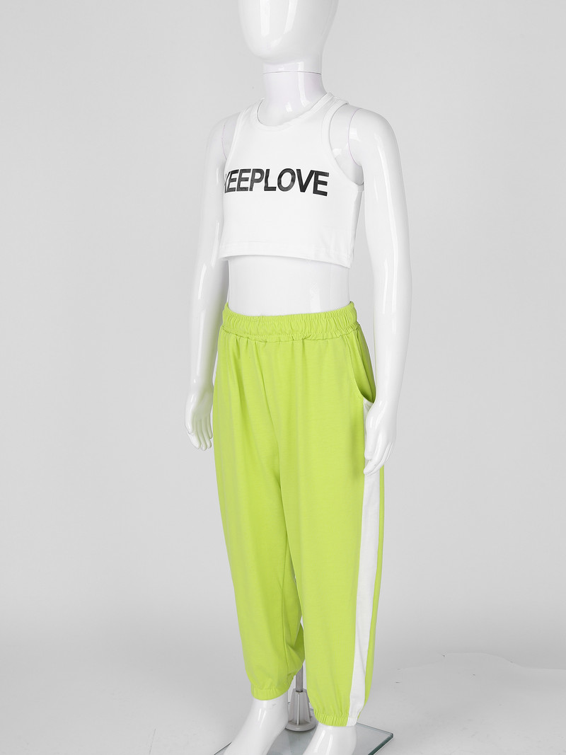 2 gab. Modes, bērnu sporta apģērbi, treniņtērpi, meitenes, sporta apģērbi, džeza deju tērpi, burti, apdrukāti apgriezti augšdaļa un bikses, sporta tērpu komplekts