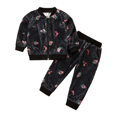 2022. gada bērnu meiteņu ikdienas divdaļīgs samta apģērbs ar garām piedurknēm ar ziedu apdruku Jaka ar rāvējslēdzēju + bikšu komplekti rudens pavasara āra treniņtērps