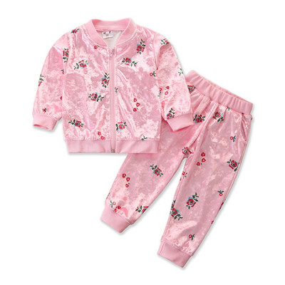 2022. gada bērnu meiteņu ikdienas divdaļīgs samta apģērbs ar garām piedurknēm ar ziedu apdruku Jaka ar rāvējslēdzēju + bikšu komplekti rudens pavasara āra treniņtērps