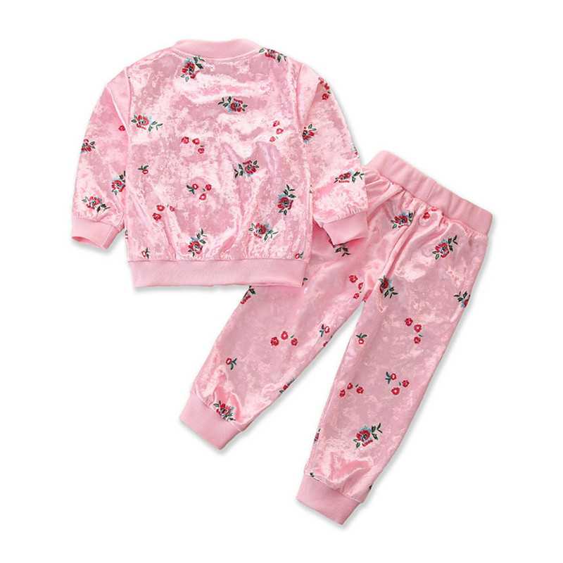 2022. gada bērnu meiteņu ikdienas divdaļīgs samta apģērbs ar garām piedurknēm ar ziedu apdruku Jaka ar rāvējslēdzēju + bikšu komplekti rudens pavasara āra treniņtērps