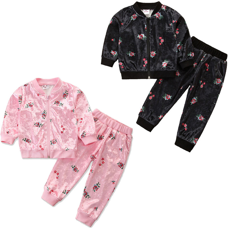 2022. gada bērnu meiteņu ikdienas divdaļīgs samta apģērbs ar garām piedurknēm ar ziedu apdruku Jaka ar rāvējslēdzēju + bikšu komplekti rudens pavasara āra treniņtērps