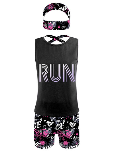 Bērnu meiteņu 3 gab. Bezpiedurkņu siksniņa mugurā purpursarkana sporta veste ar apdrukātiem šortiem un galvas saiti treniņtērps Aktīvie apģērbi sporta zālei