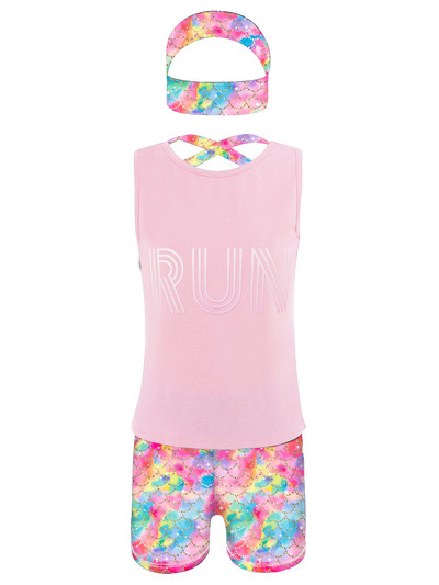 Bērnu meiteņu 3 gab. Bezpiedurkņu siksniņa mugurā purpursarkana sporta veste ar apdrukātiem šortiem un galvas saiti treniņtērps Aktīvie apģērbi sporta zālei