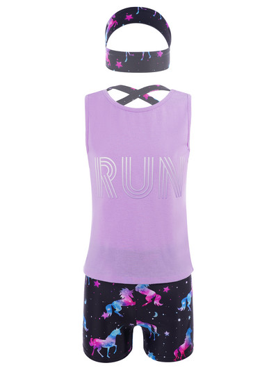 Bērnu meiteņu 3 gab. Bezpiedurkņu siksniņa mugurā purpursarkana sporta veste ar apdrukātiem šortiem un galvas saiti treniņtērps Aktīvie apģērbi sporta zālei