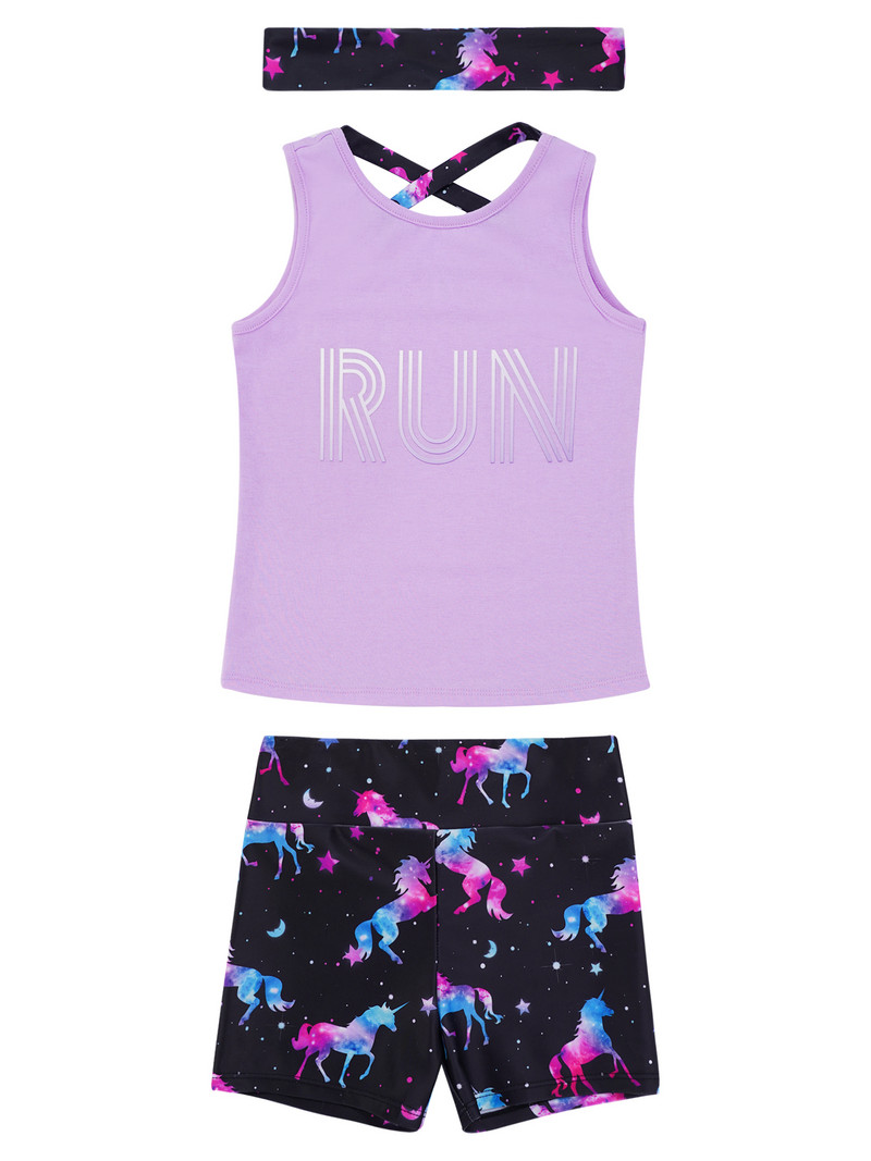 Bērnu meiteņu 3 gab. Bezpiedurkņu siksniņa mugurā purpursarkana sporta veste ar apdrukātiem šortiem un galvas saiti treniņtērps Aktīvie apģērbi sporta zālei