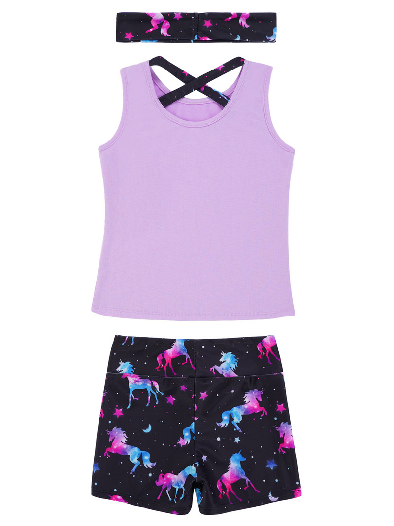 Bērnu meiteņu 3 gab. Bezpiedurkņu siksniņa mugurā purpursarkana sporta veste ar apdrukātiem šortiem un galvas saiti treniņtērps Aktīvie apģērbi sporta zālei