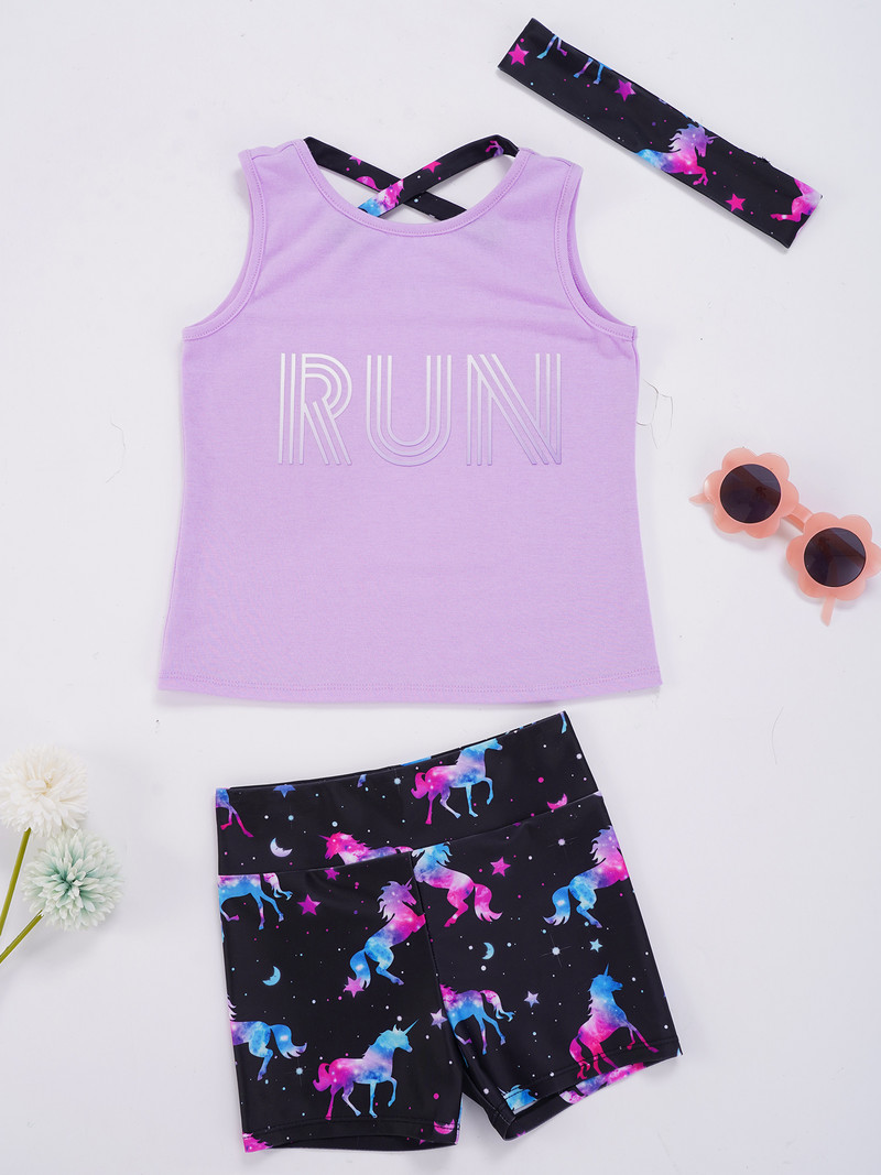 Bērnu meiteņu 3 gab. Bezpiedurkņu siksniņa mugurā purpursarkana sporta veste ar apdrukātiem šortiem un galvas saiti treniņtērps Aktīvie apģērbi sporta zālei