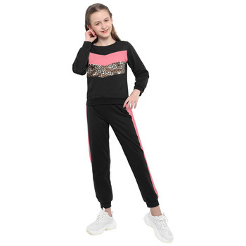 Εφηβική παιδική φόρμα για κορίτσια Αθλητική φόρμα μακρυμάνικη φόρμα λεοπάρ στάμπα μπλούζα και παντελόνι Σετ γιόγκα Παιδικά αθλητικά ρούχα
