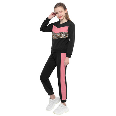 Pusaudžu, bērnu, meiteņu sporta tērps ar garām piedurknēm treniņtērps Leoparda drukas džemperis un bikses jogas komplekts bērnu sporta apģērbs