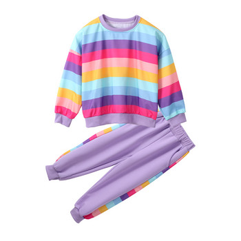 2 τεμ. Παιδικά κοριτσίστικα βαμβακερά αθλητικά κοστούμια γυμναστικής Ρούχα πολύχρωμες ρίγες ουράνιο τόξο στάμπες μπλούζες και παντελόνι Casual αθλητικά ρούχα
