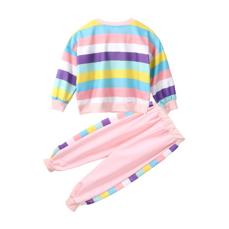 2Gb Bērnu Meiteņu Kokvilnas Sporta Kostīms Treniņam Treniņa Apģērbs Krāsaini Varavīksnes Svītras Apdrukas Topi un Bikses Komplekts Ikdienas sporta apģērbs